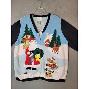 Vtg Quacker Factory Christmas Sweater Santa Reindeer Trees The North Pole Sz 1X